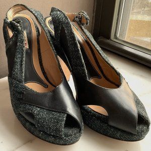 MARNI dark green tweed and black leather platform  pumps